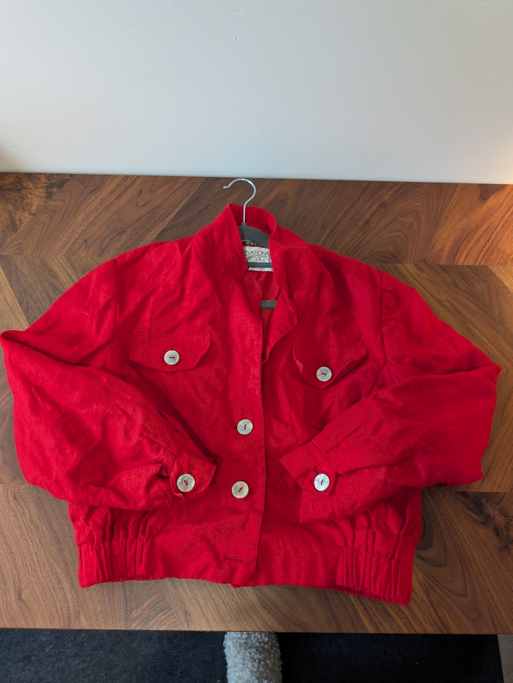 Vintage Red Button-Front Linen Bomber Jacket